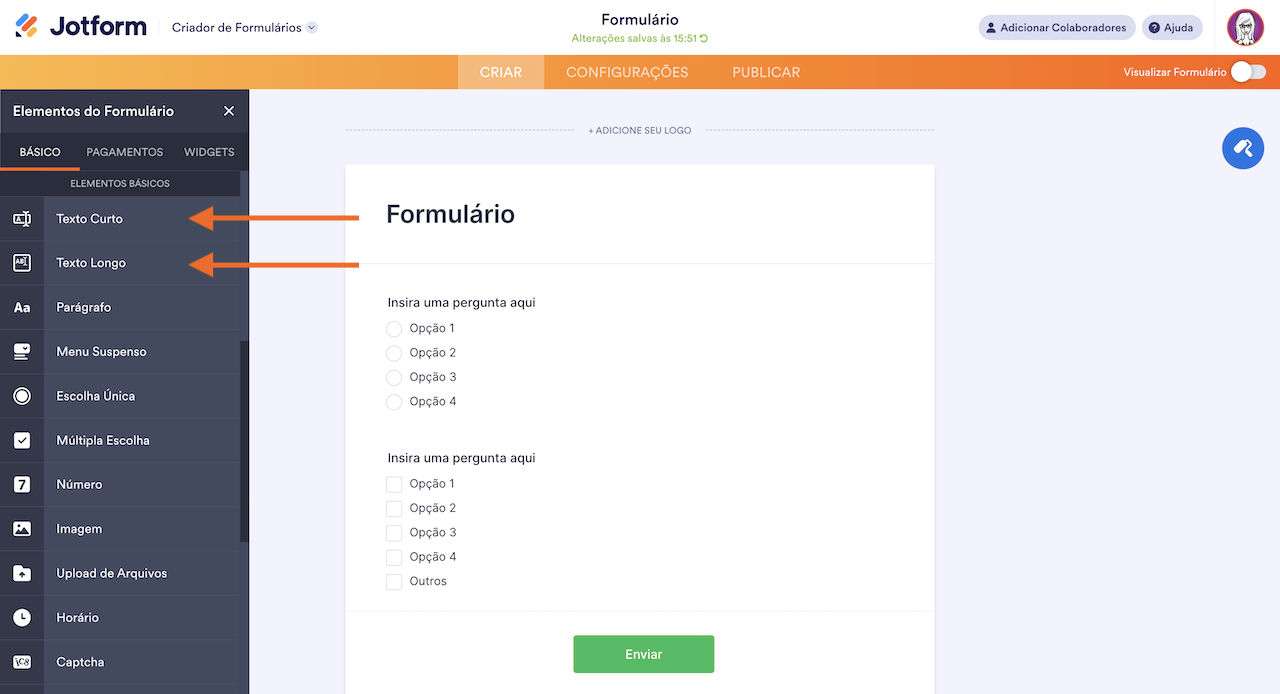 Captura de tela do Criador de Formulários mostrando as perguntas de Texto Curto e Texto Longo