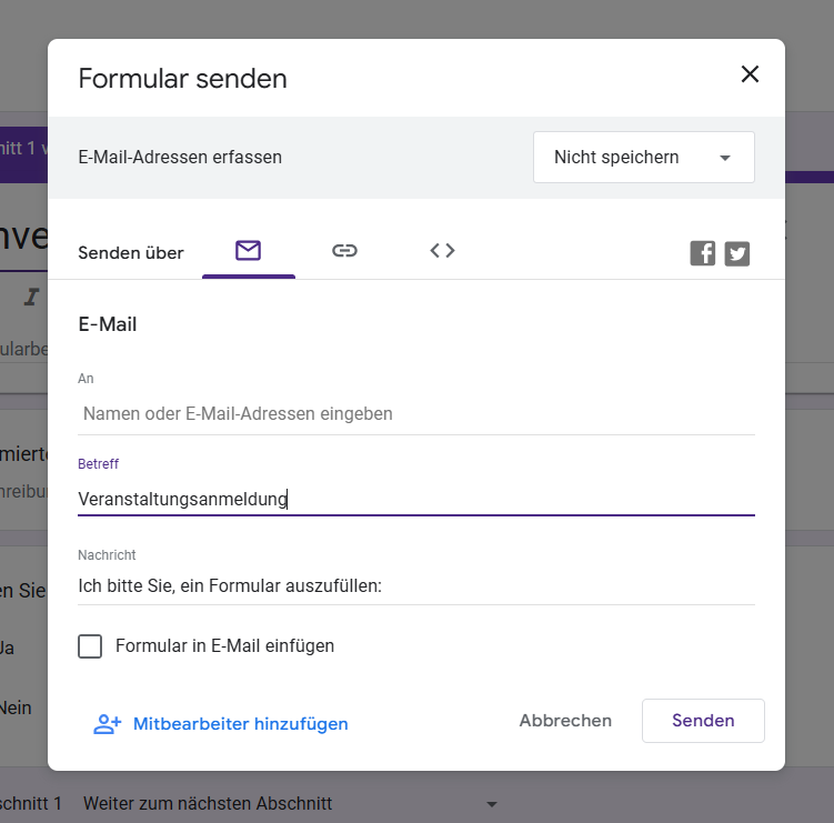 Screenshot des Bildschirms „Formular senden“ in Google Formulare mit der aktuell geöffneten Option E-Mail-Formular