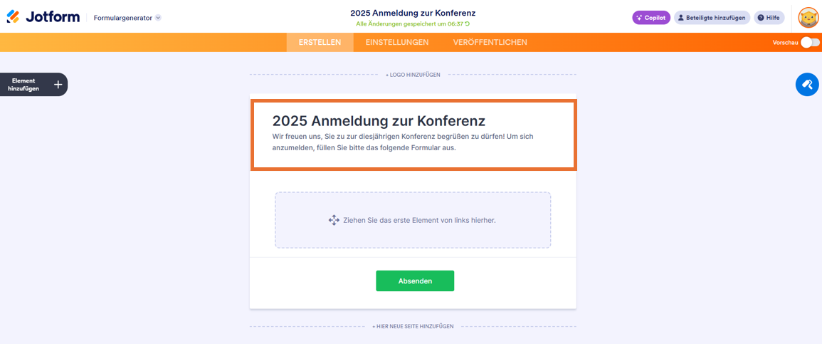 Eine Seite des Formulargenerators von Jotform mit dem Titel "2025 ANmeldung zur Konferenz" mit einer Einladung zur Anmeldung und einem leeren Bereich für Fragen