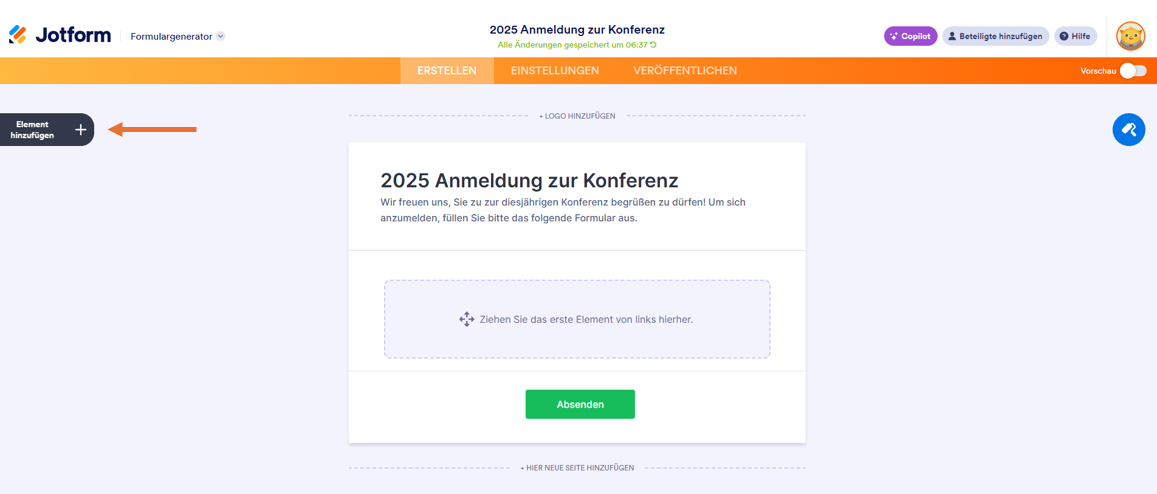 Ein leeres "2025 Anmeldung zur Konferenz"- Formular in Jotform mit einem Call-to-Action zum Hinzufügen von Fragen und einem Button zum Senden