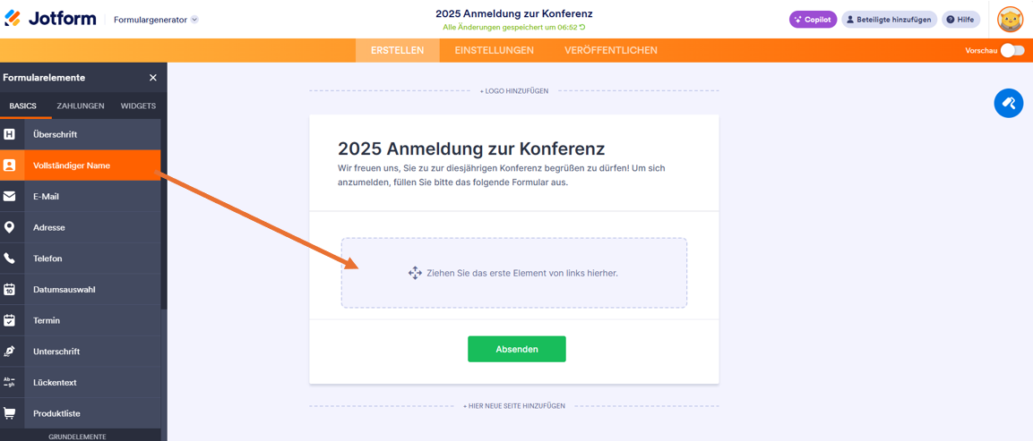 Ein Bildschirm des Formulargenerators von Jotform mit einem" 2025 Anmeldung zur Konferenz-Formular" Titel und einer Seitenleiste mit Formularelementen zum Hinzufügen