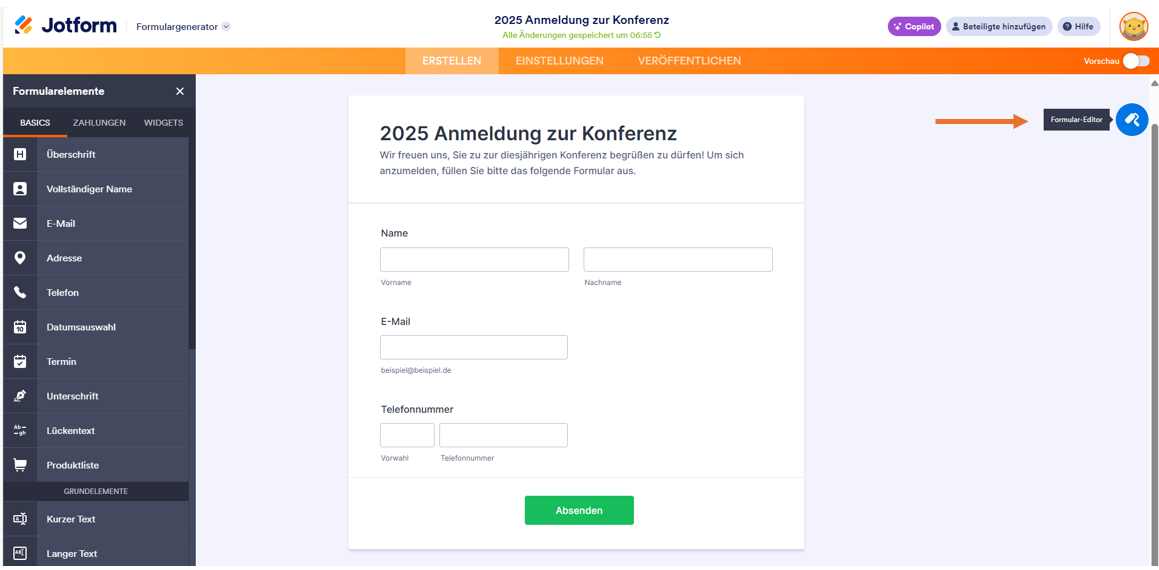 Ein teilweise ausgefülltes " 2025 Anmeldung zur Konferenz Formular" in Jotform mit Feldern