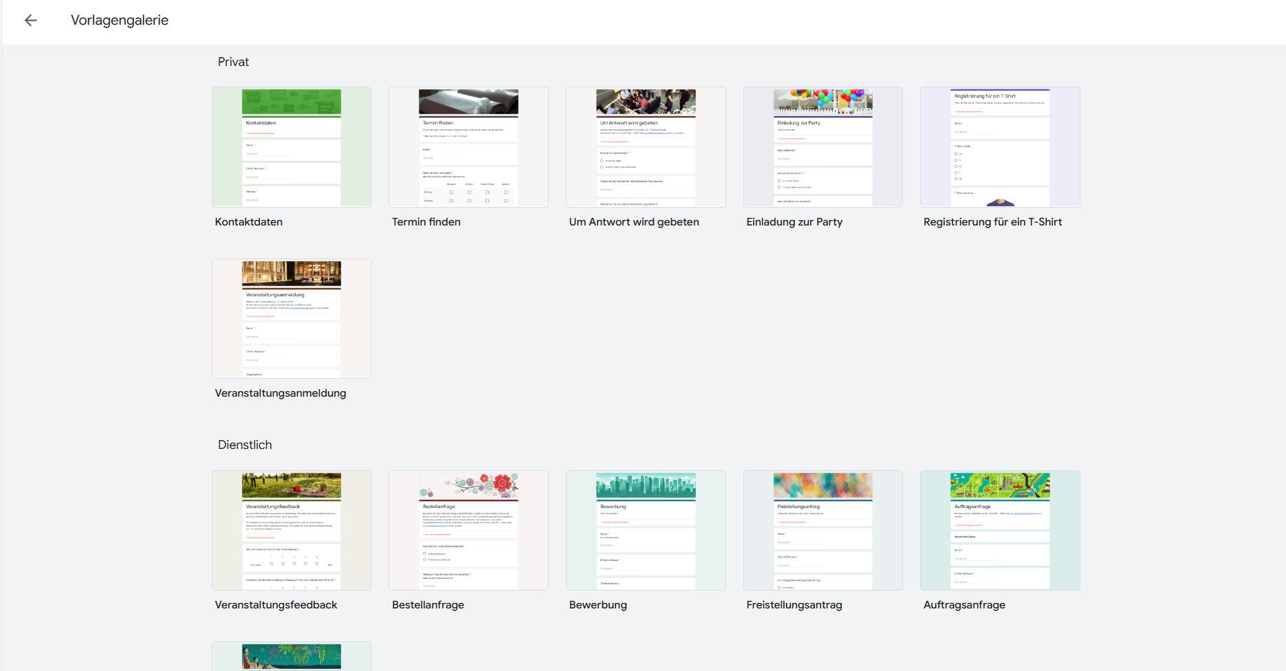 Vorlagengalerie-Seite in Google Formulare