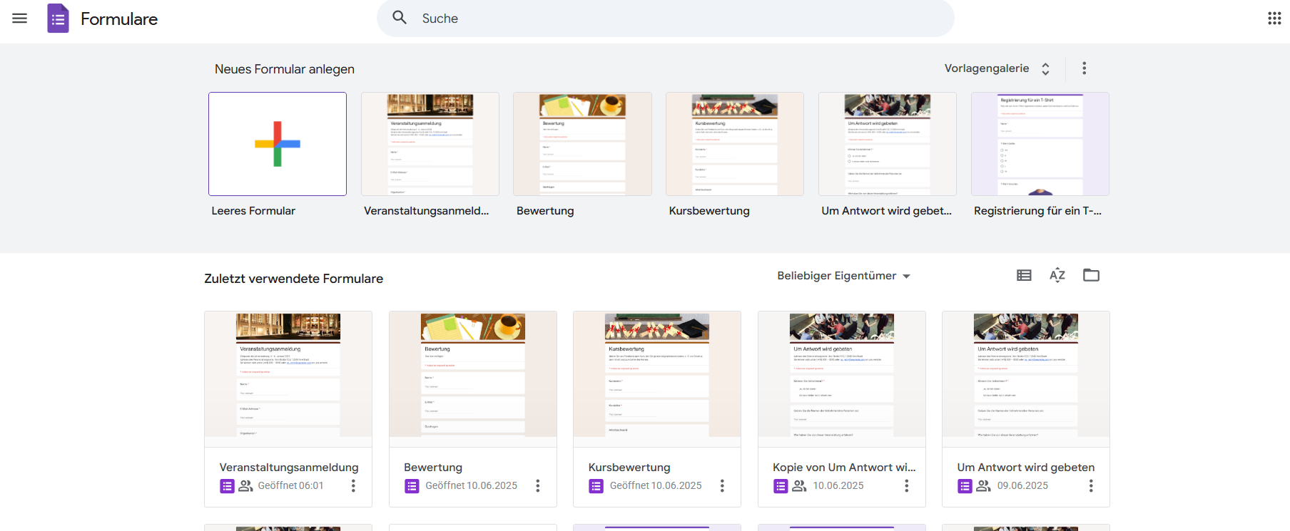 Vorlagengalerie-Seite in Google Formulare