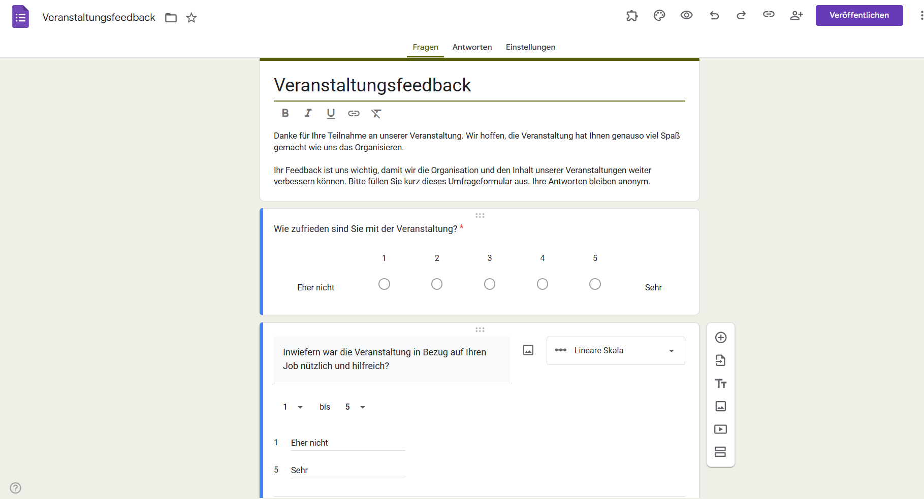 Fragetypen im Veranstaltungsfeedbackformular in Google Formulare