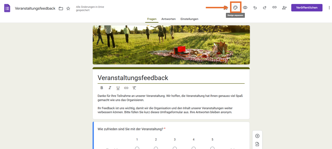 Auf den Button Design anpassen im Veranstaltungsfeedback-Formular klicken