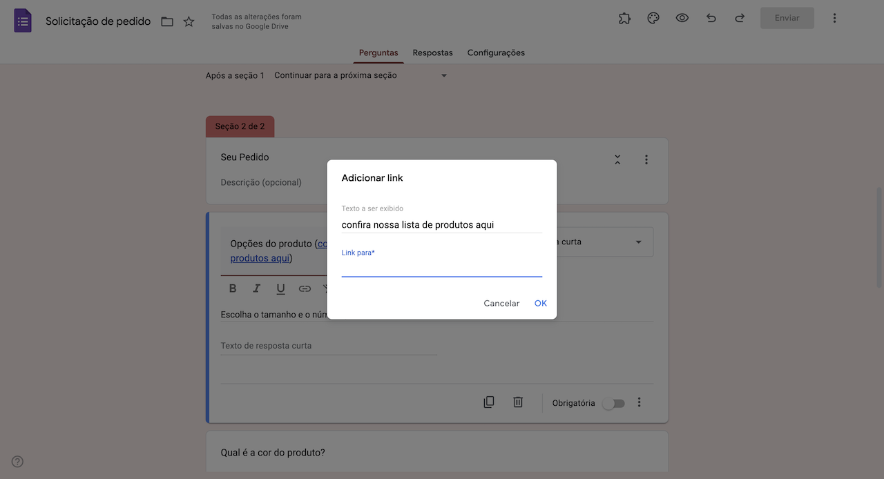 Janela pop-up "Adicionar Link" em um Formulário de Solicitação de Pedido no Formulários Google