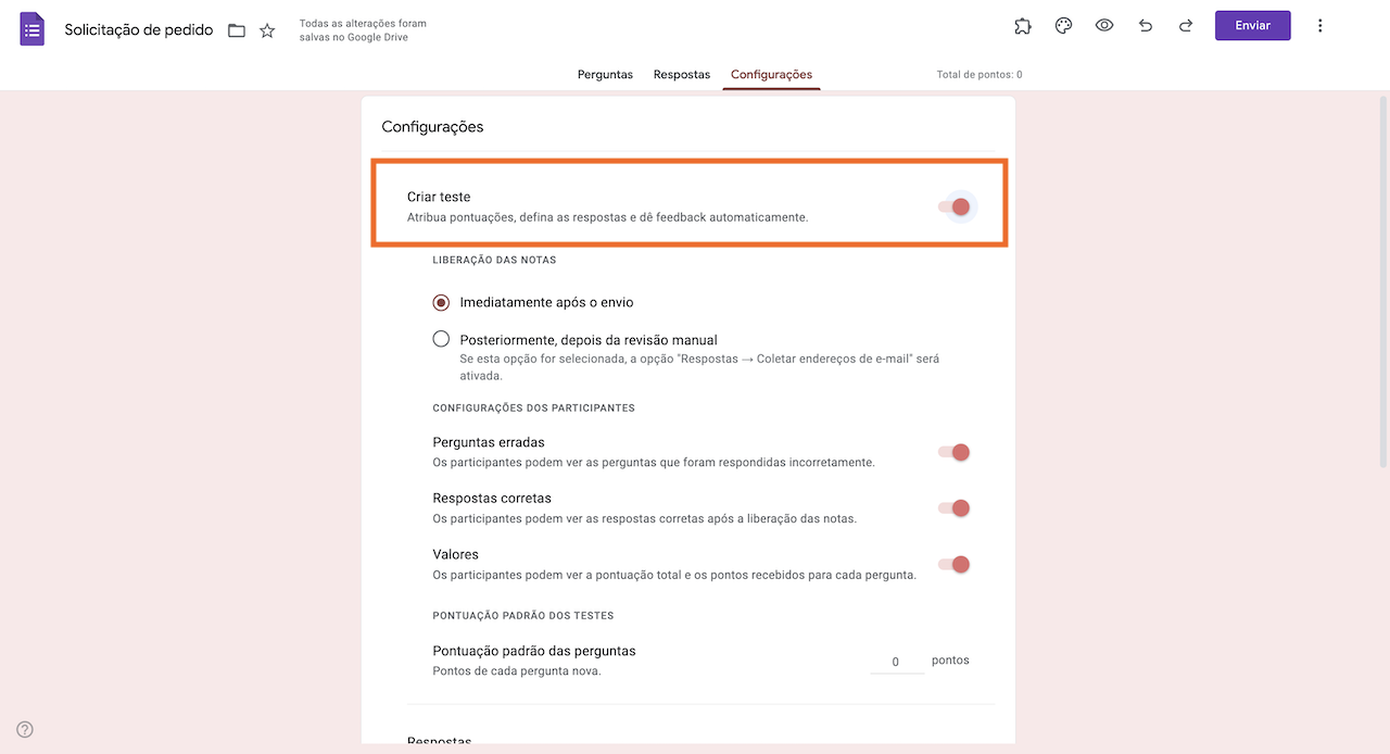 Aba de Configurações de um Formulário de Solicitação de Pedido no Formulários Google acionando a opção "Criar teste"