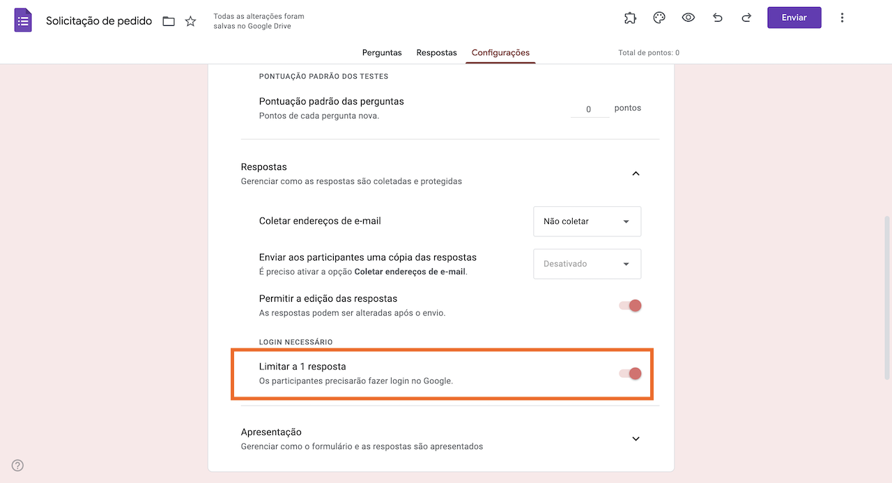 Aba de Configurações de um Formulário de Solicitação de Pedido no Formulários Google acionando a opção "Limitar a 1 resposta"