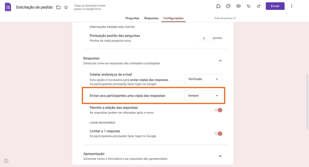 Aba de Configurações de um Formulário de Solicitação de Pedido, visualizando as opções em Respostas, sob Configurações, selecionando Sempre na opção "Enviar aos participantes uma cópia das respostas"
