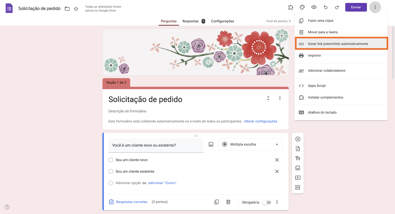 Formulário de Solicitação de Pedido no Formulários Google clicando na opção "Gerar link preenchido automaticamente"