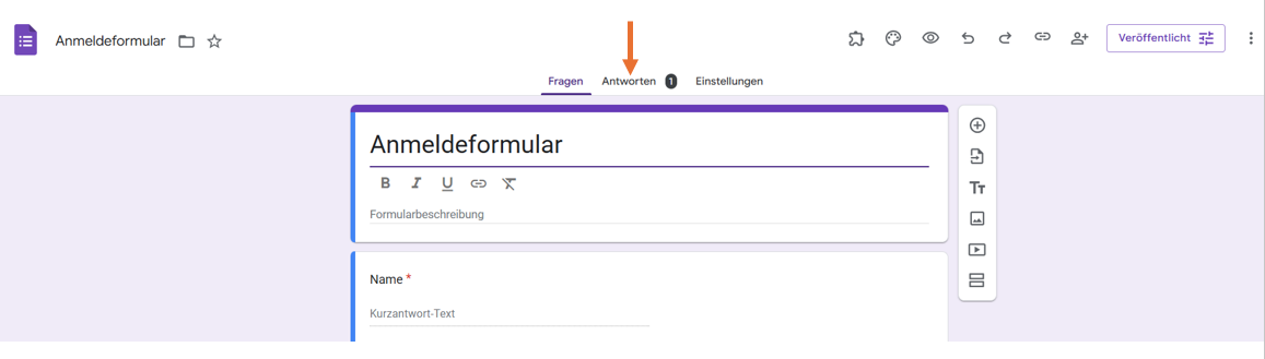 Screenshot eines Google Formulare-Formulars mit einem Pfeil, der auf die Registerkarte Antworten im oberen Menü zeigt