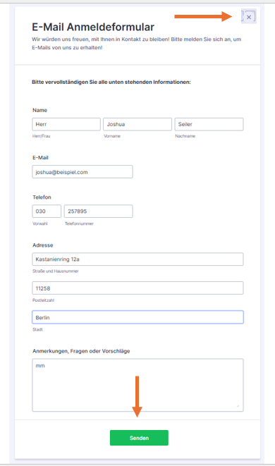 Screenshot eines Jotform-Formulars, das gerade aktualisiert wird, mit einem Pfeil, der auf den Button Senden zeigt, und dem Button X-Abbrechen