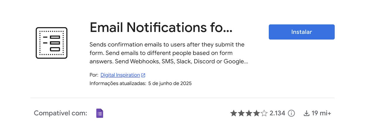 Captura de tela do plugin Email Notifications for Forms no Google Workspace Marketplace