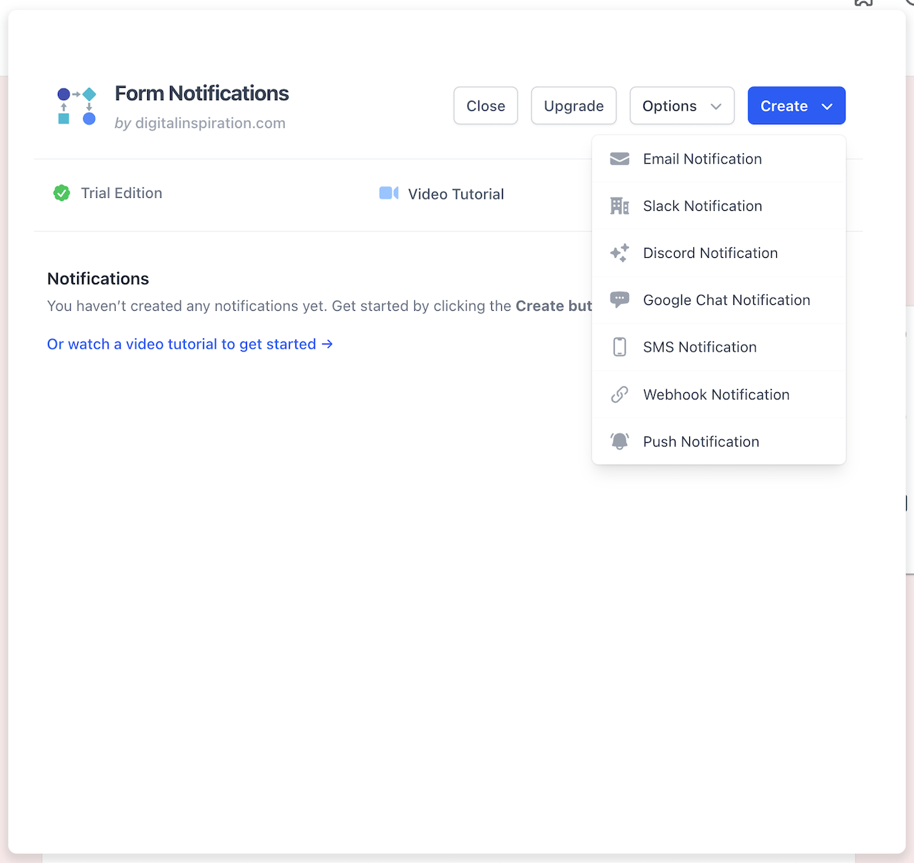 Captura de tela do menu de opções do complemento Email Notifications for Forms