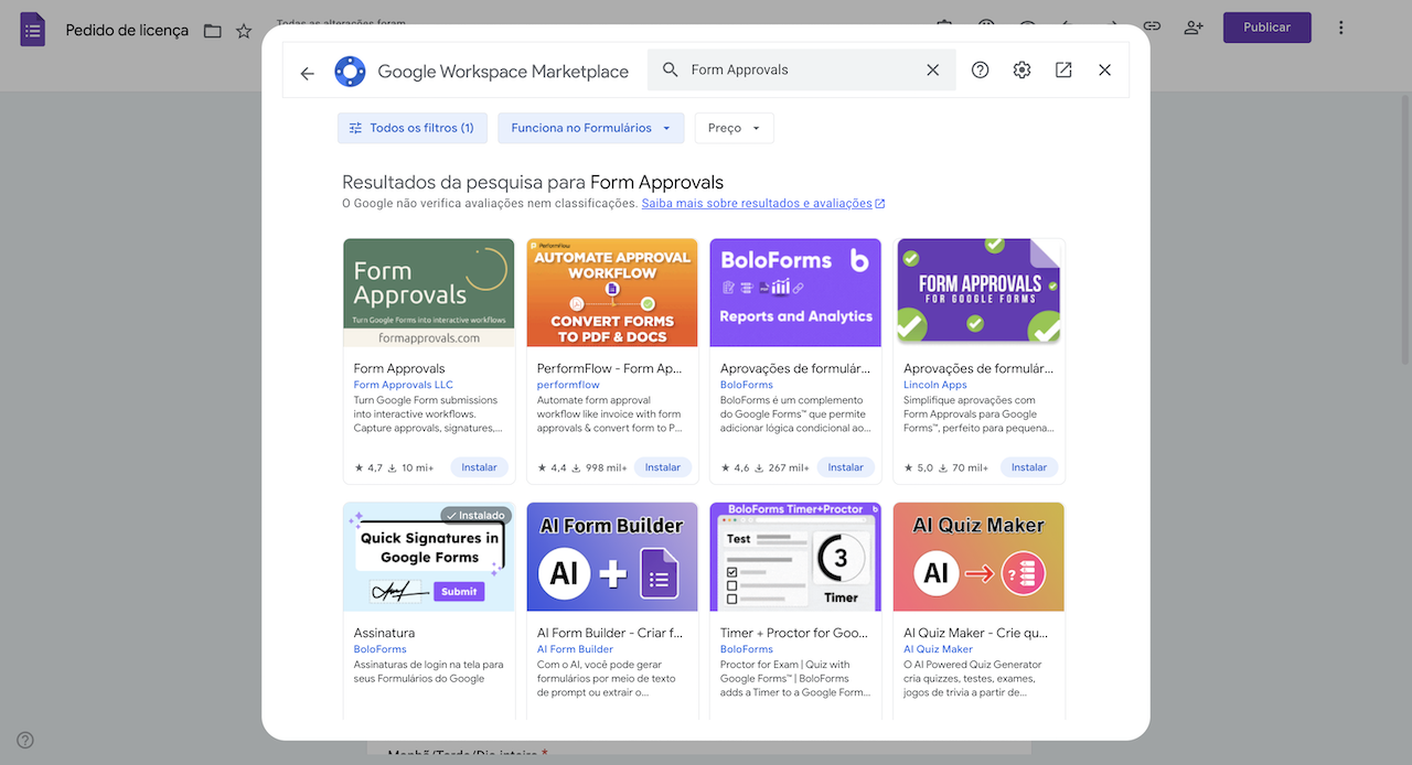 Captura de tela do menu do Google Workspace Marketplace pesquisando "Form Approvals"