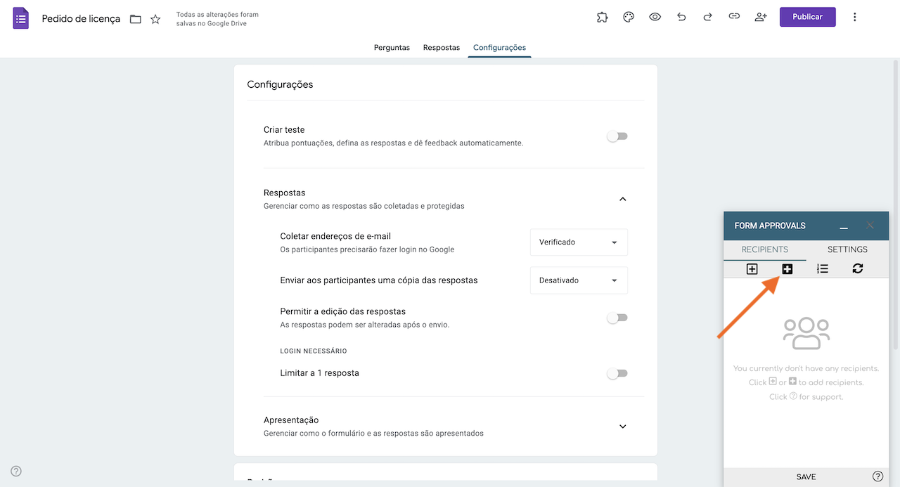 Captura de tela do menu Configurações do Formulários Google, com a janela do Form Approvals no canto inferior direito, clicando no ícone de mais sombreado