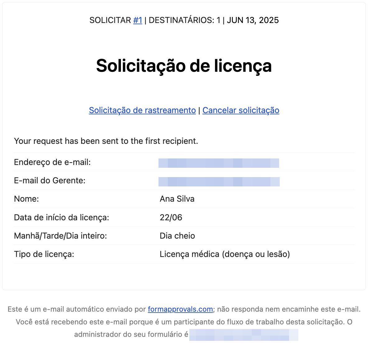 Captura de tela do e-mail de notificação que os gerentes receberão quando um funcionário preencher o formulário de pedido de licença no Formulários Google