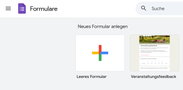 Screenshot der leeren Formularauswahl von Google Formulare