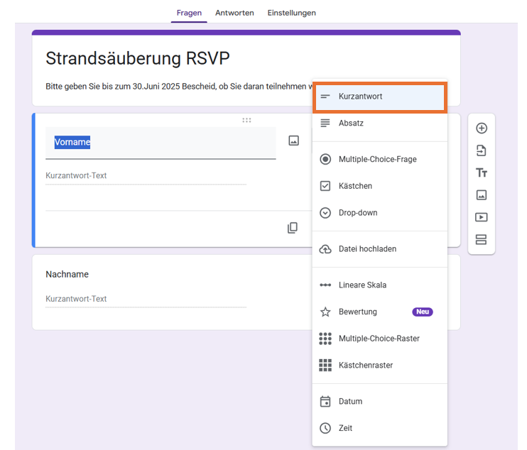 Screenshot von Google Formulare in seinem Generator, mit einem Kasten um die Option Kurzantwort