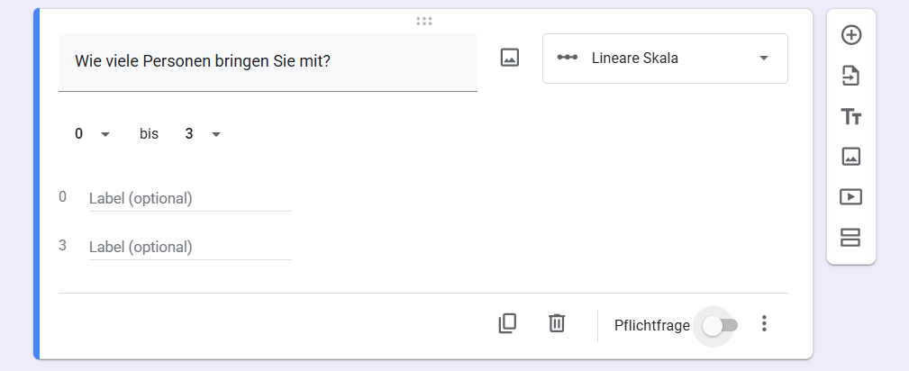 Wählen Sie für diese Frage die Option Lineare Skala aus dem Dropdown-Menü Fragetyp