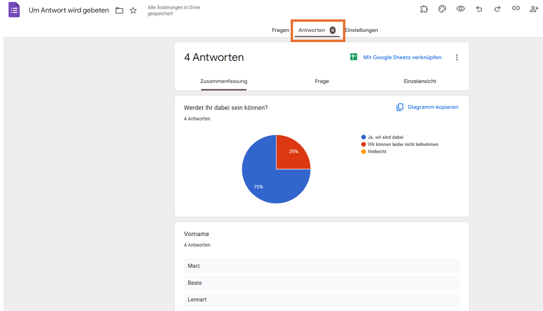 Screenshot eines RSVP-Formulars in Google Formulare, mit einem Kasten um die Registerkarte Antworten