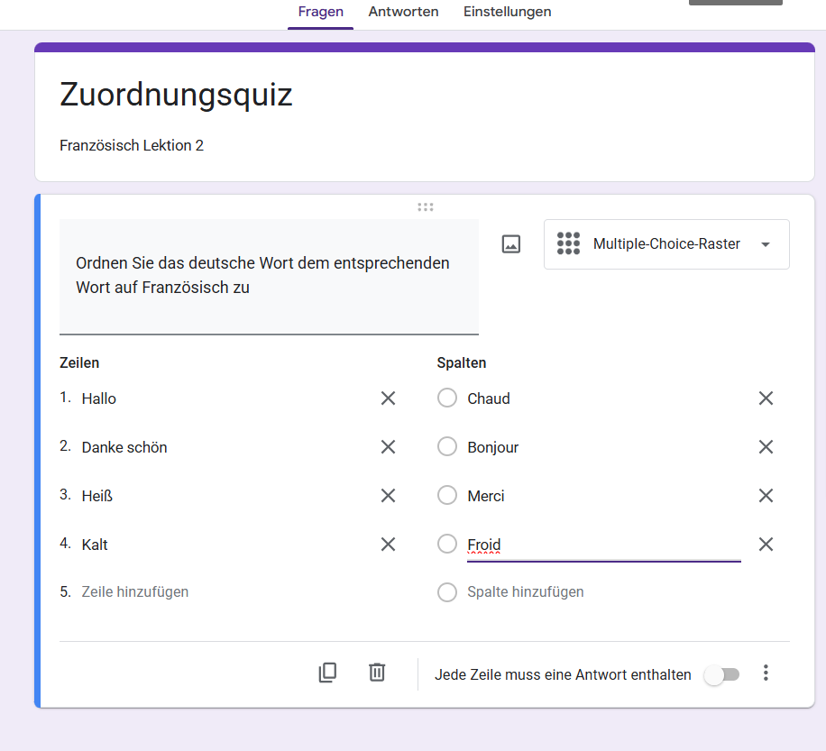 Screenshot einer vollständig formatierten passenden Frage im selben Google-Formular