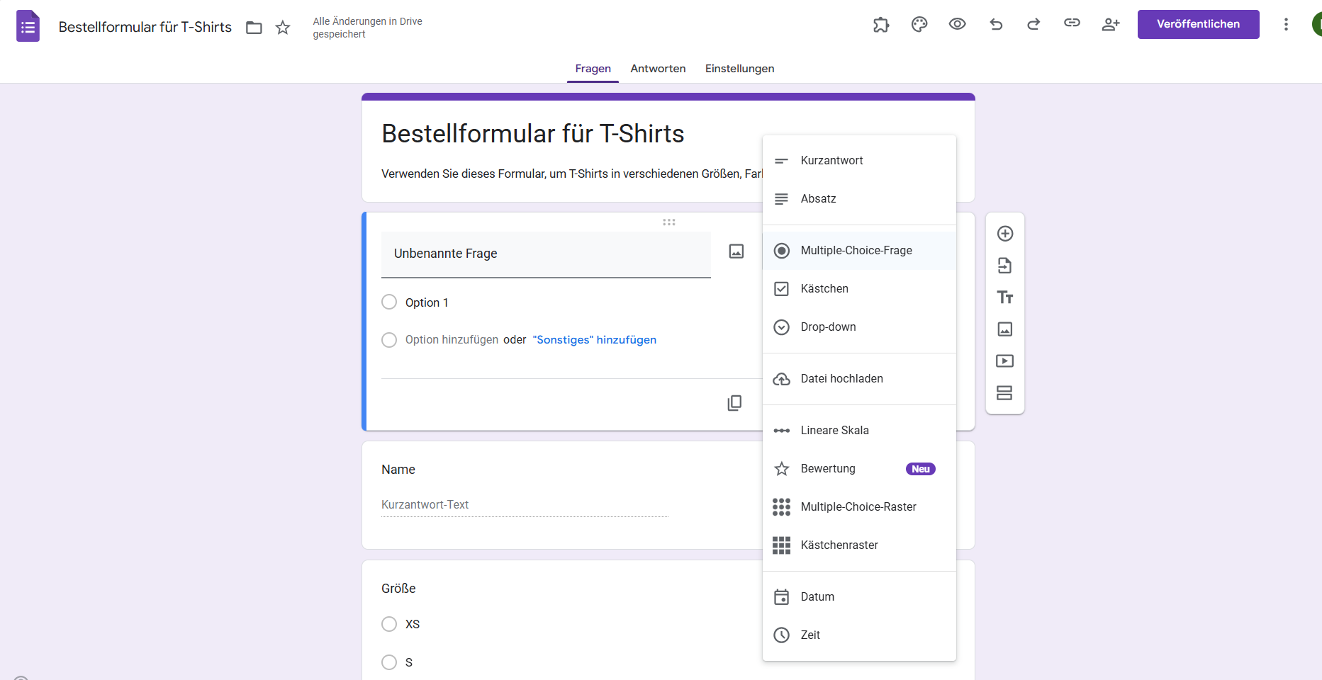 Auswahl von Multiple Choice aus den Fragetypen in Google Formulare
