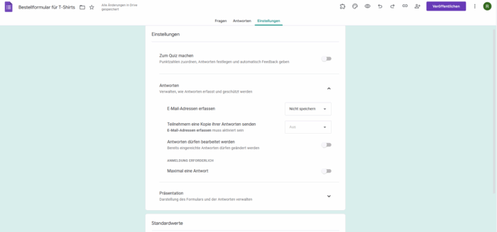 Optionen der Registerkarte Einstellungen in Google Formulare