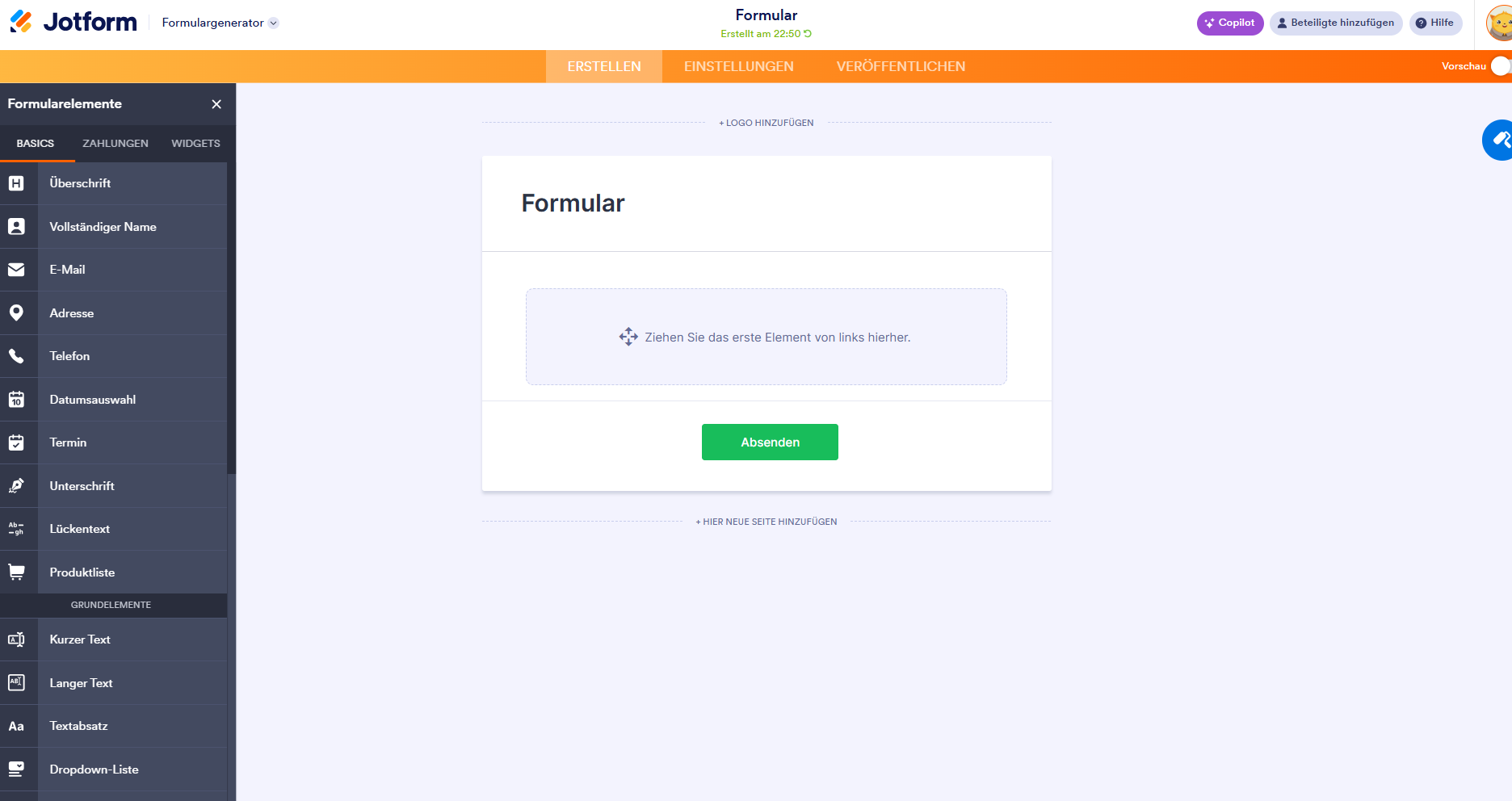 Anzeige von Formularelementen im Jotform Formulargenerator