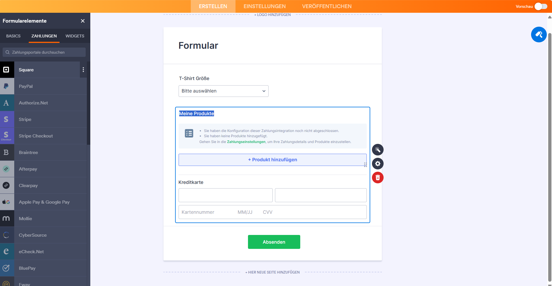 Hinzufügen einer Zahlungsintegration zum Formular im Jotform Formulargenerator