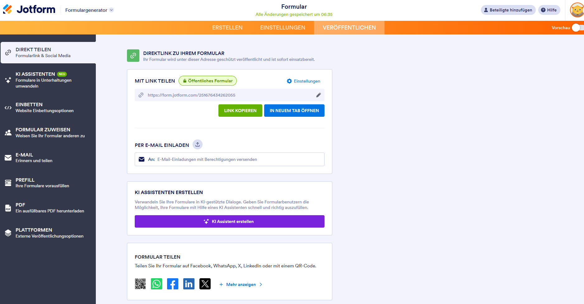 Registerkarte „Veröffentlichen“ im Jotform Formulargenerator