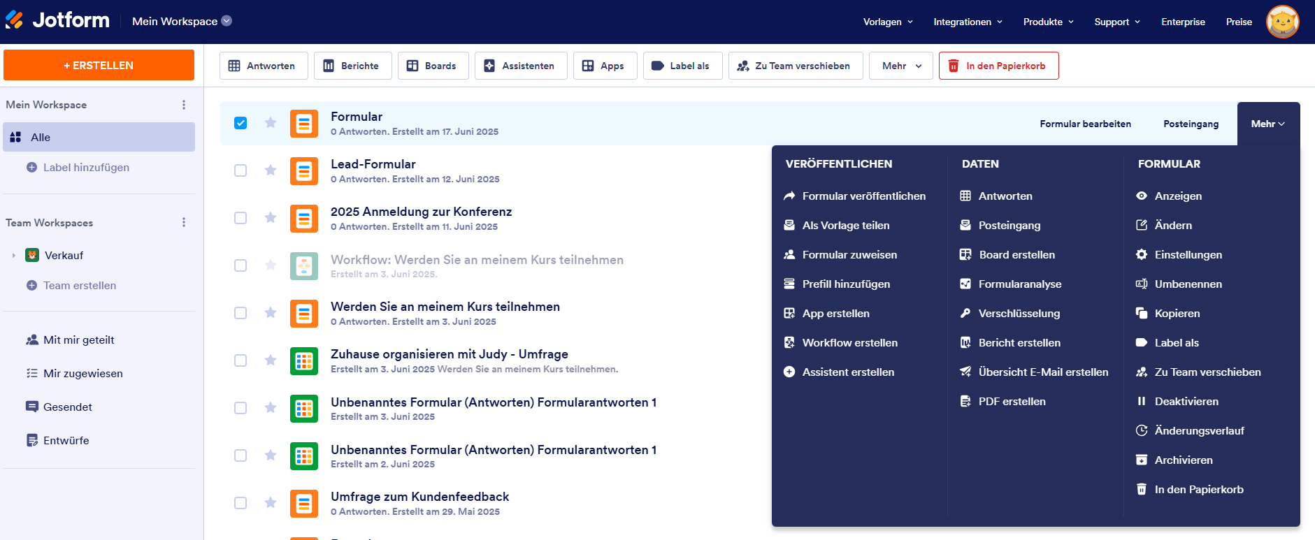 Meine Formulare Dashboard in Jotform Formulargenerator Auf "Mehr" klicken