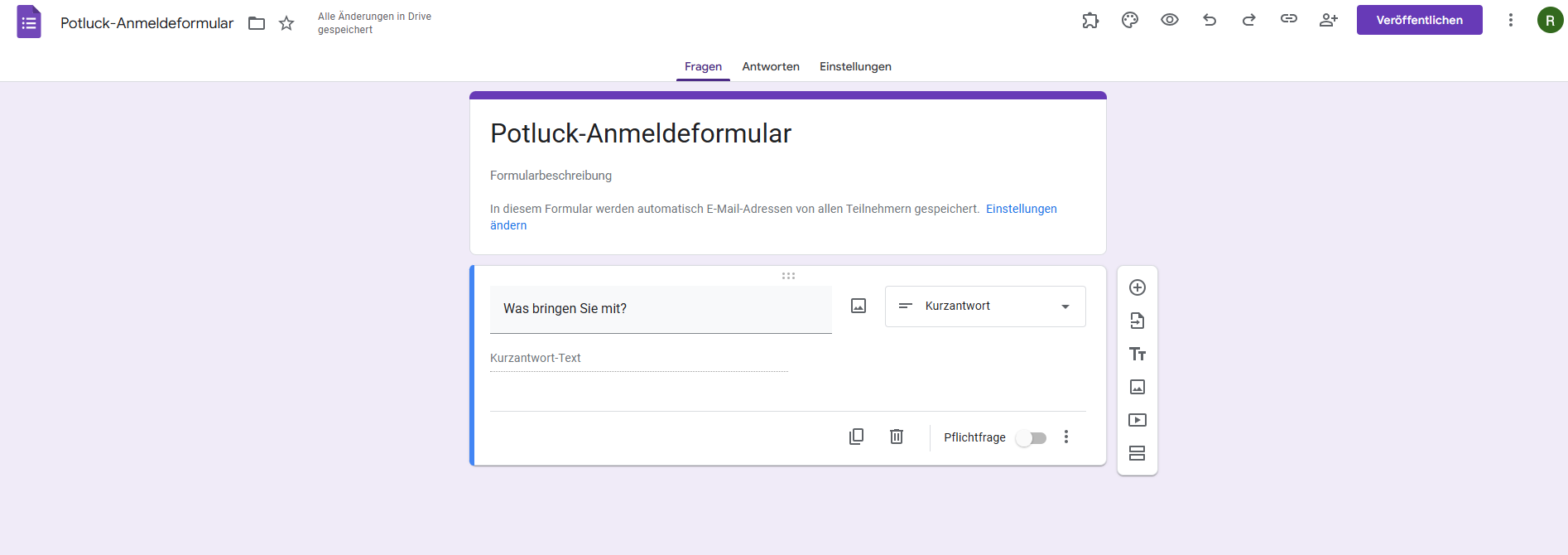 Google Formulare' Potluck Anmeldeformular
