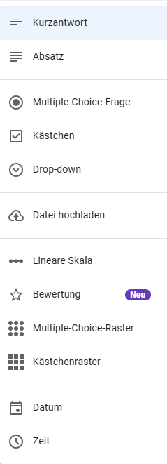 Google Formulare Mehrere Fragetypen