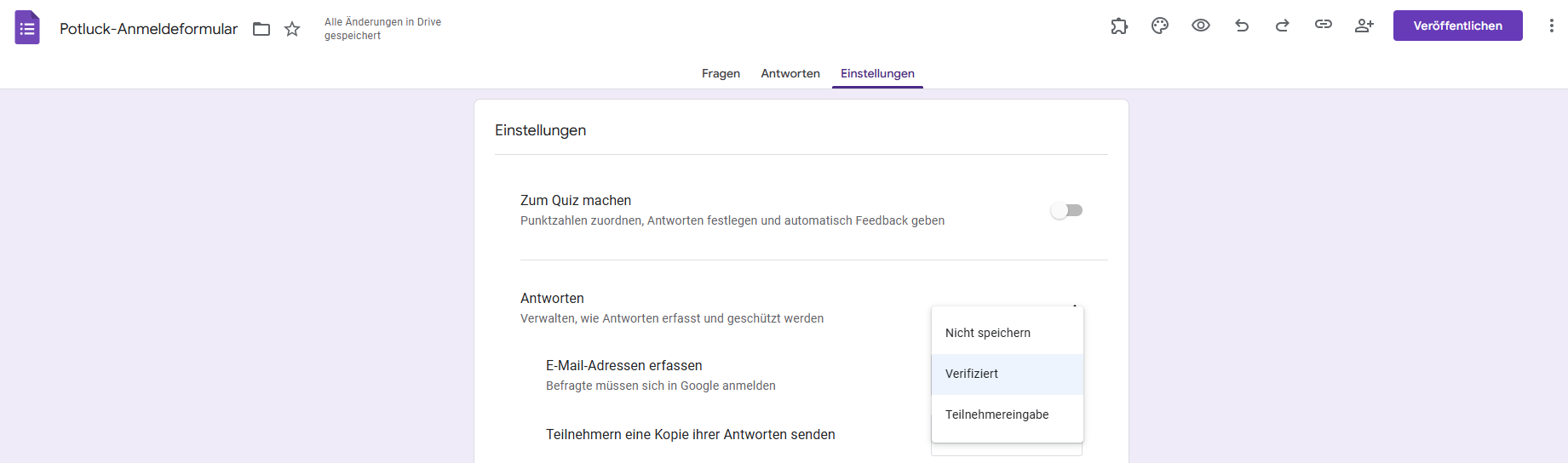 Google Formulare' Potluck Anmeldeformular Antworten Schalter Optionen Benutzeroberfläche