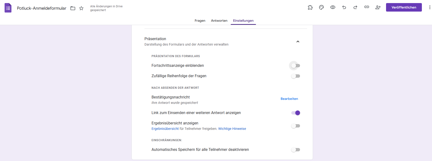 Google Formulare' Potluck Anmeldeformular Präsentation Einstellungen Benutzeroberfläche