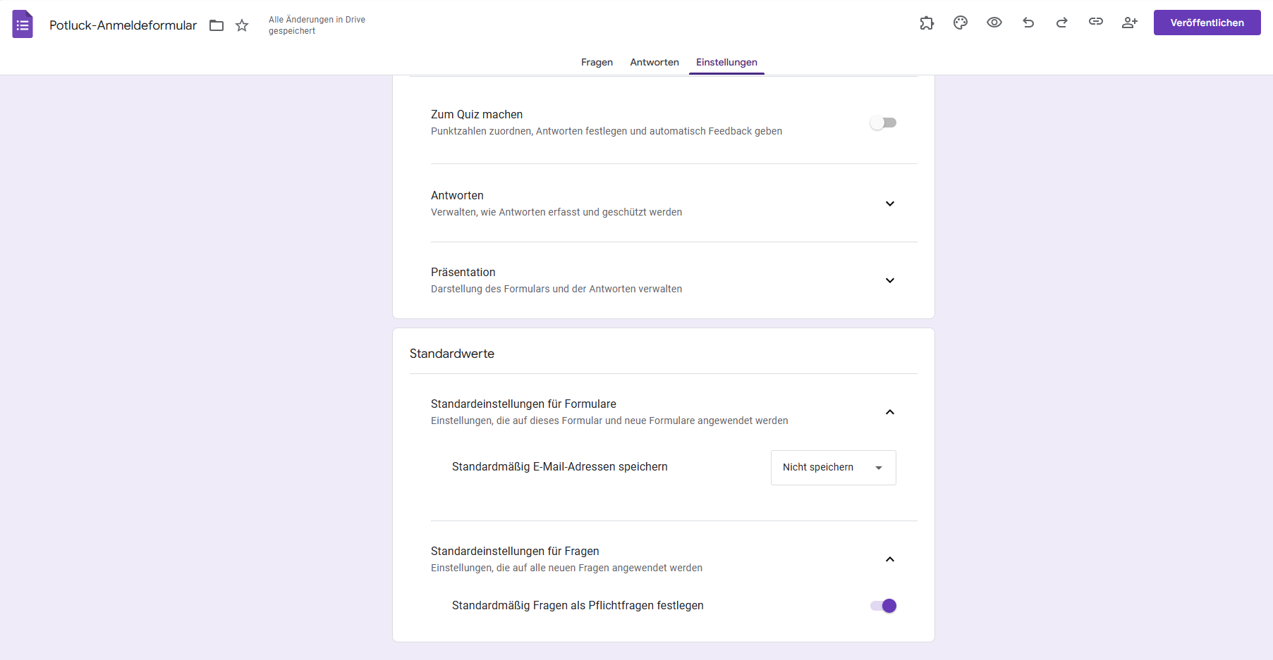 Google Formulare' Potluck Anmeldeformular Standardeinstellungen Benutzeroberfläche