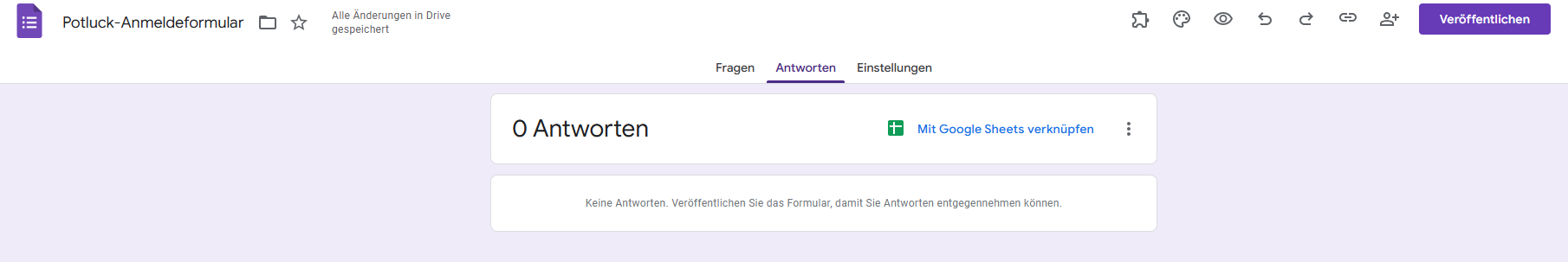 Google Formulare' Potluck Anmeldeformular Antworten Benutzeroberfläche