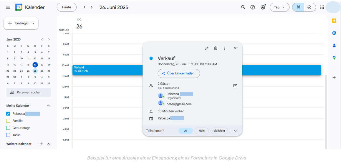 Beispiel für eine Anzeige einer Einsendung eines Formulars in Google Drive