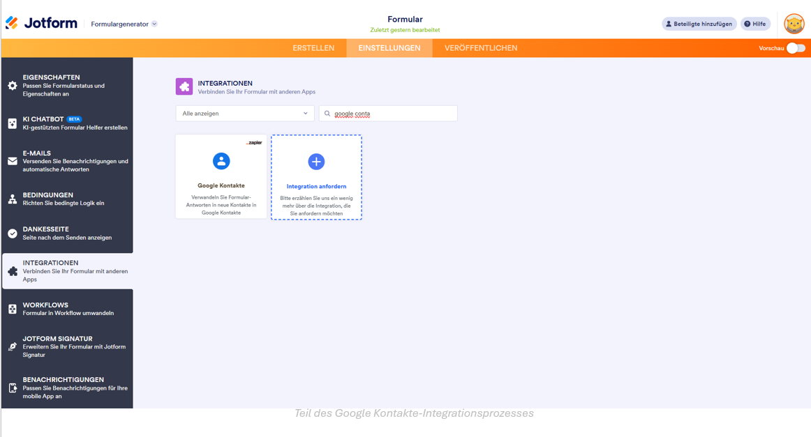 Teil des Google Kontakte-Integrationsprozesses