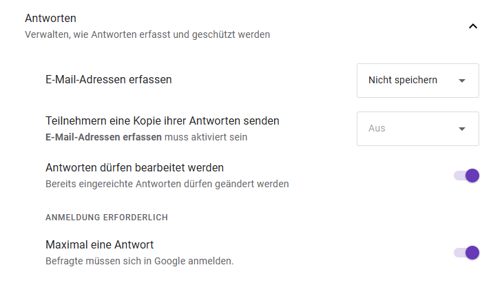 Optionen für die Erfassung und Verwaltung von Antworten in einem Formular, einschließlich der Erfassung von E-Mail-Adressen und der Bearbeitung von Antworten