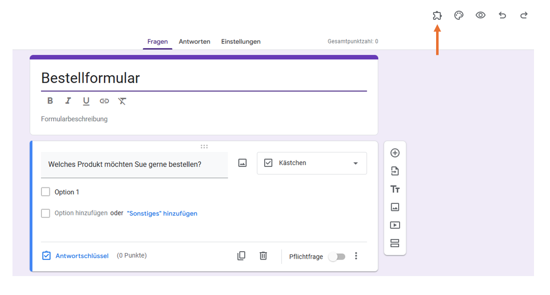Screenshot eines Google Formulars mit einem Pfeil, der auf den puzzleartige Button Add-on zeigt