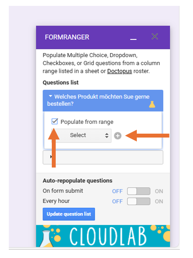 Screenshot der Anwendung Form Ranger, mit Pfeilen, die auf das Kontrollkästchen für Populate from range und den Button mit dem Pluszeichen für Neuer Bereich zeigen