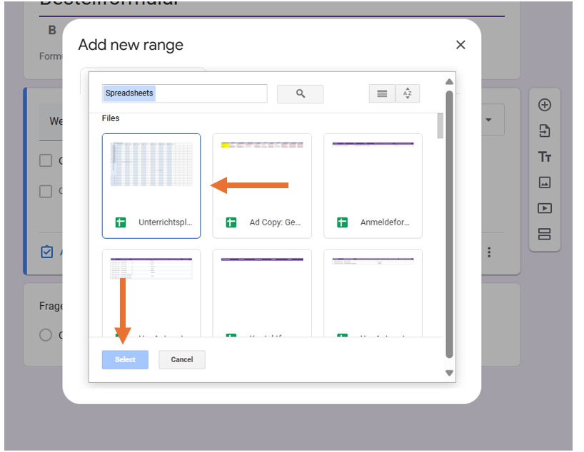 Screenshot des Menüs Add new range der Form Ranger Anwendung, mit Pfeilen, die auf ein ausgewähltes Google Sheet zeigen, und dem Button Select