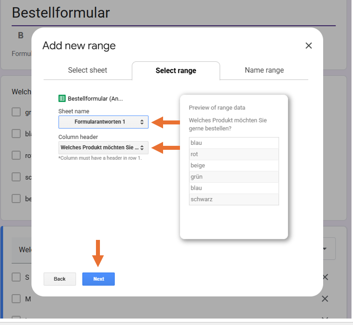 Screenshot des Menüs „Add new range“ der Anwendung Form Ranger, mit Pfeilen, die auf den Button Sheet name, „Column header und Next zeigen