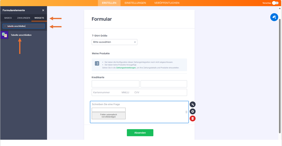 Screenshot des Jotform Formulargenerators mit Pfeilen neben dem Button "Widget" , der Suchleiste und dem Button "Tabelle anschließen"