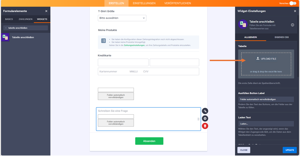 Screenshot des Jotform Formulargenerators mit einem Pfeil, der auf den Abschnitt Datei hochladen im Menü Widget-Einstellungen zeigt