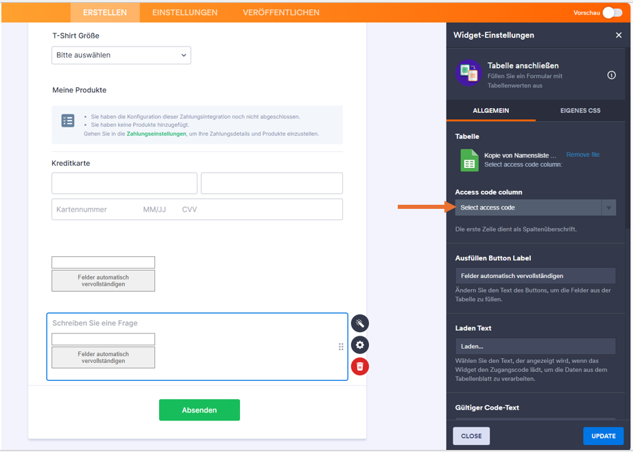 Screenshot des Formulargenerators von Jotform mit einem Pfeil, der auf die Dropdown-Liste Access code column im Menü Widget-Einstellungen zeigt