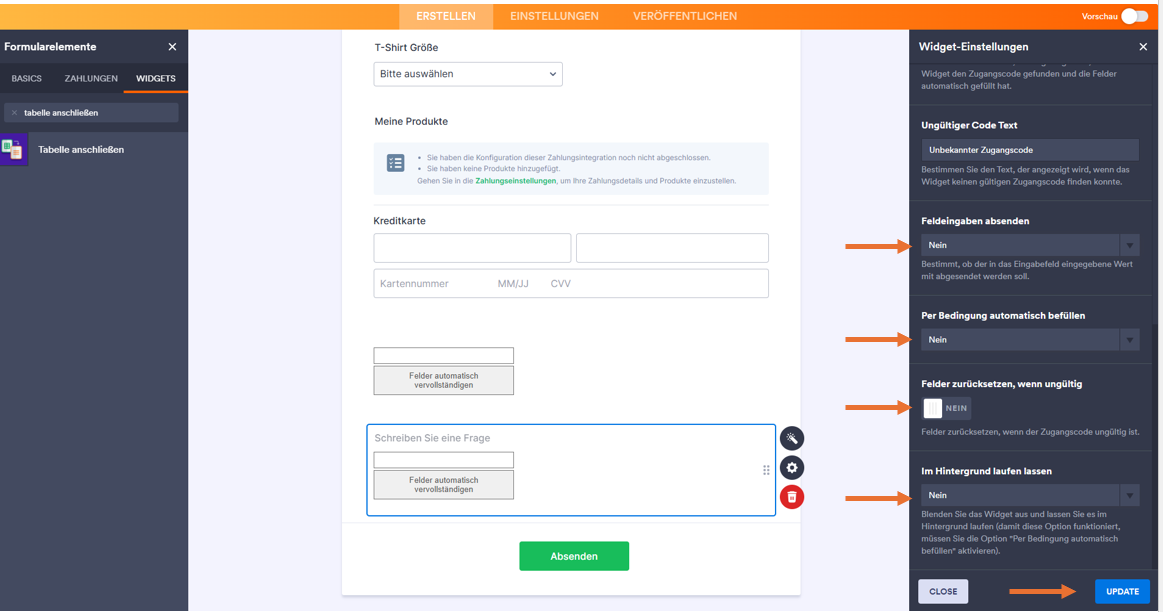 Screenshot des Jotform Formulargenerators mit Pfeilen, die auf die Optionen Feldeingaben absenden, Per Bedingung automatisch befüllen, Felder zurücksetzen, wenn ungültig und Im Hintergrund laufen lassen, sowie auf den Button Update zeigen